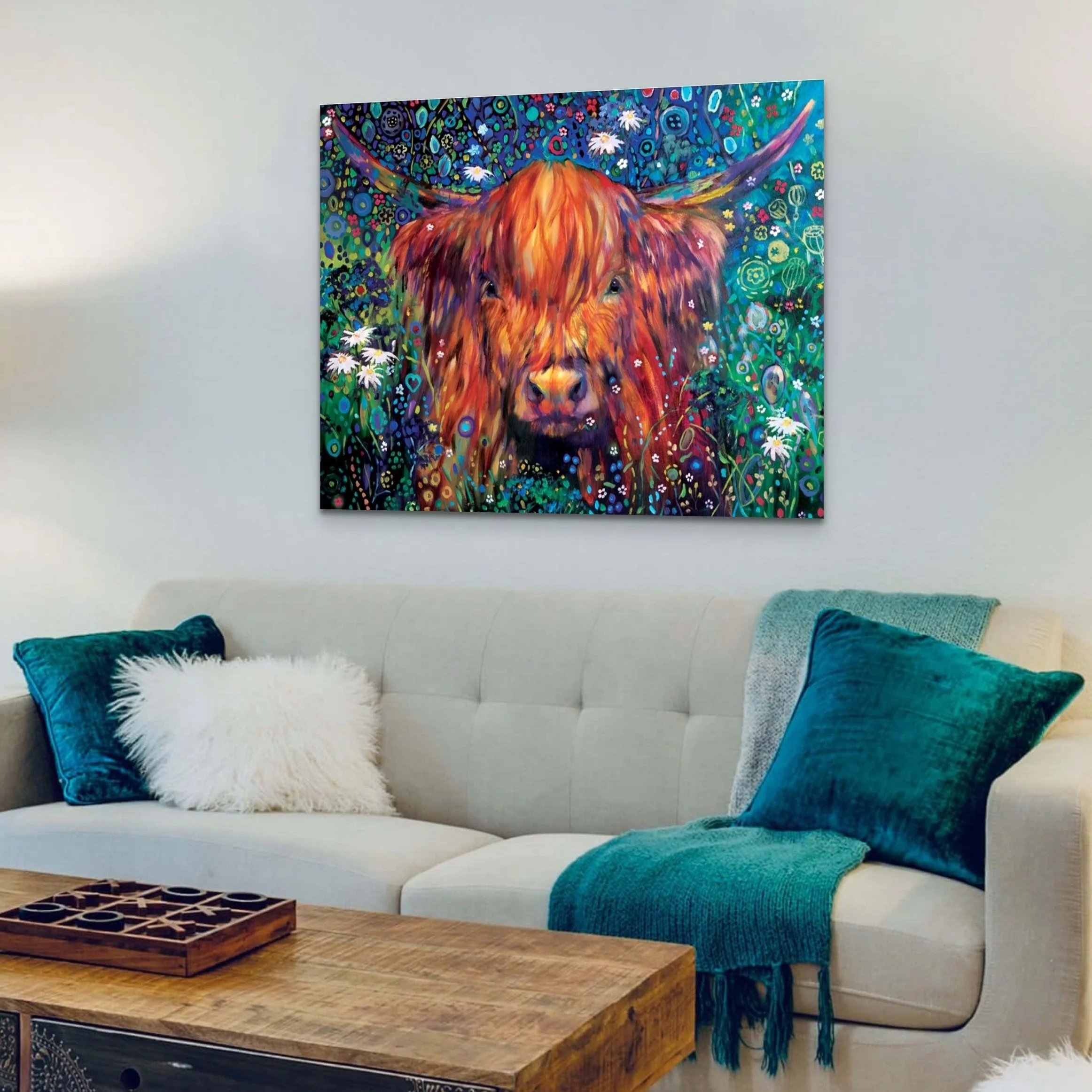 Braemar Daisies Highland Cow with Flowers Sue Gardner